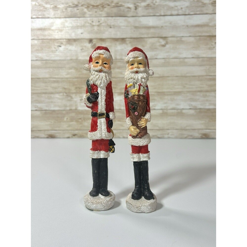 Vtg 7.5” Skinny Slim Pencil Santa Figurines With Bag, Lamp Pair